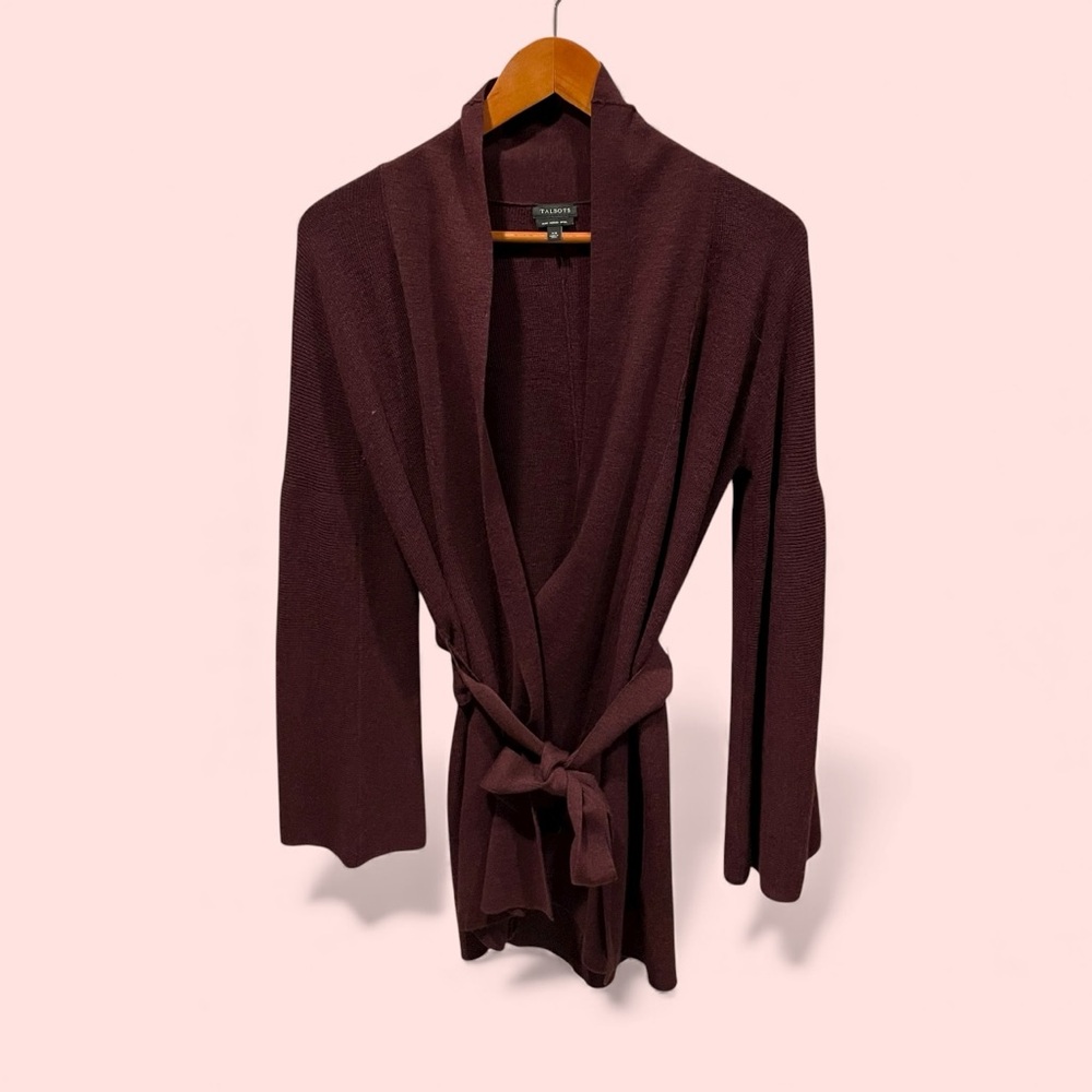 Cute Talbots plum pudding marino wool tie waist open front sweater bell sleeve
